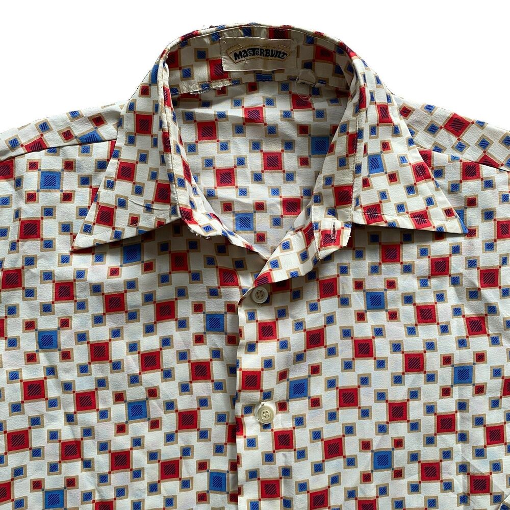 70s Disco Shirt Red Blue Large Big Collar Vintage Polyester Masterbuilt